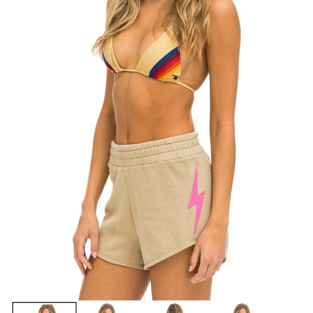 Aviator Nation Tan Shorts with Pink Lightning Bolt